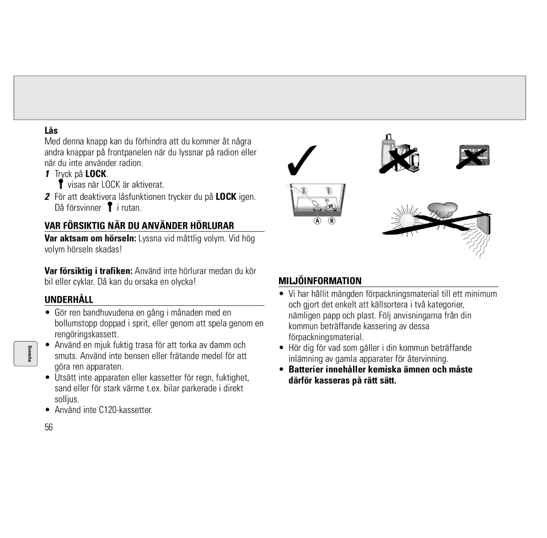 Philips AQ6691/00 manual Lås, VAR Försiktig NÄR DU Använder Hörlurar, Underhåll, Miljöinformation 