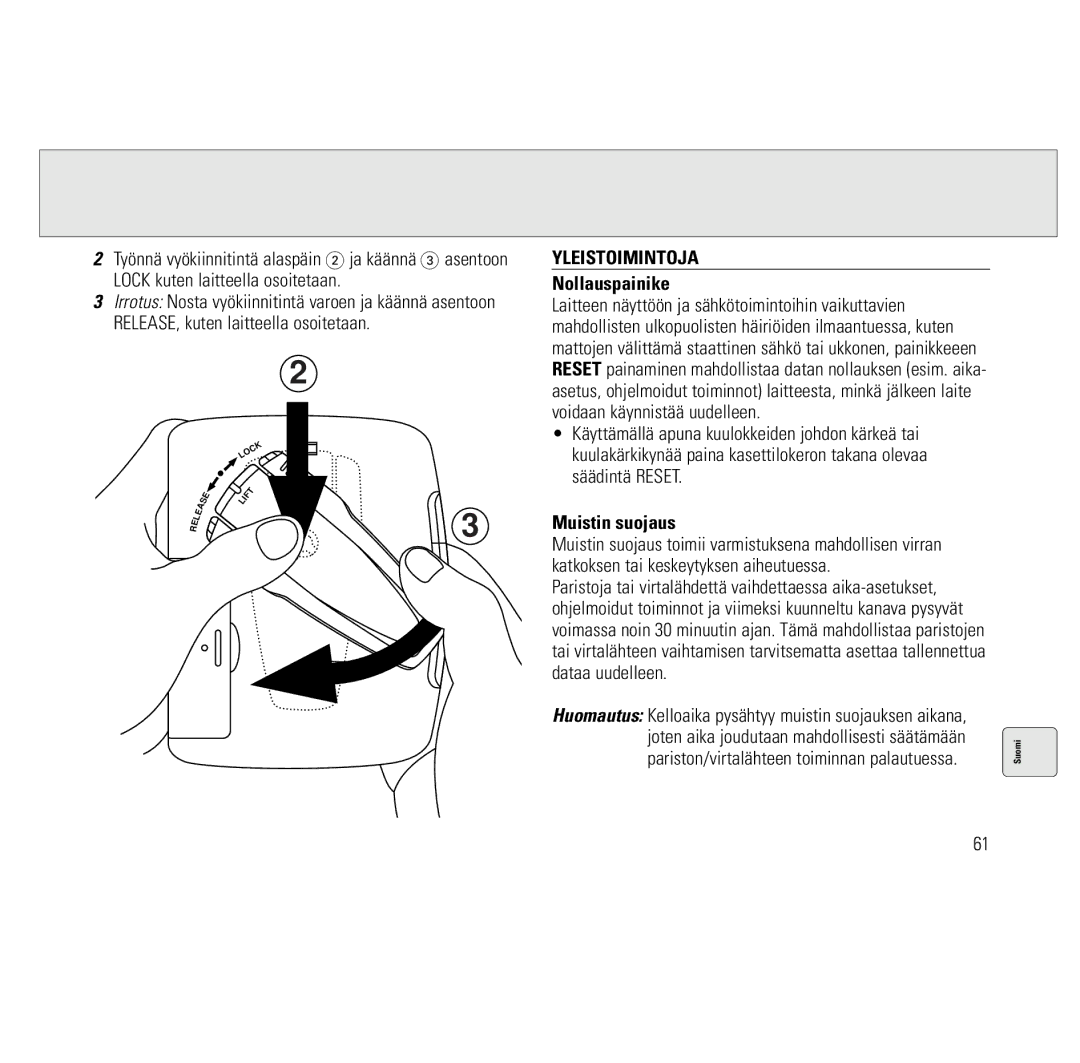 Philips AQ6691/00 manual Yleistoimintoja, Nollauspainike, Muistin suojaus 