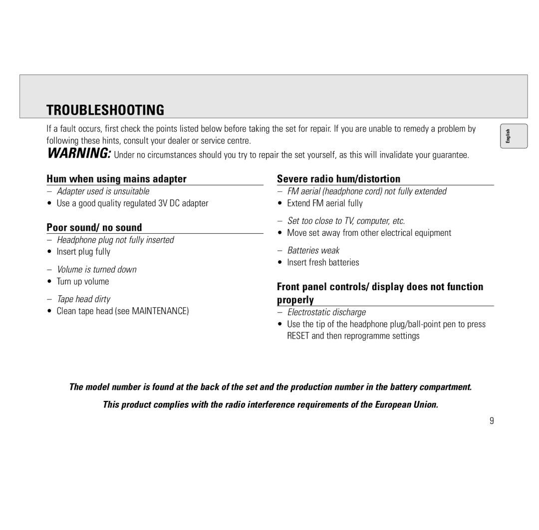 Philips AQ6691/00 manual Troubleshooting, Hum when using mains adapter, Poor sound/ no sound, Severe radio hum/distortion 