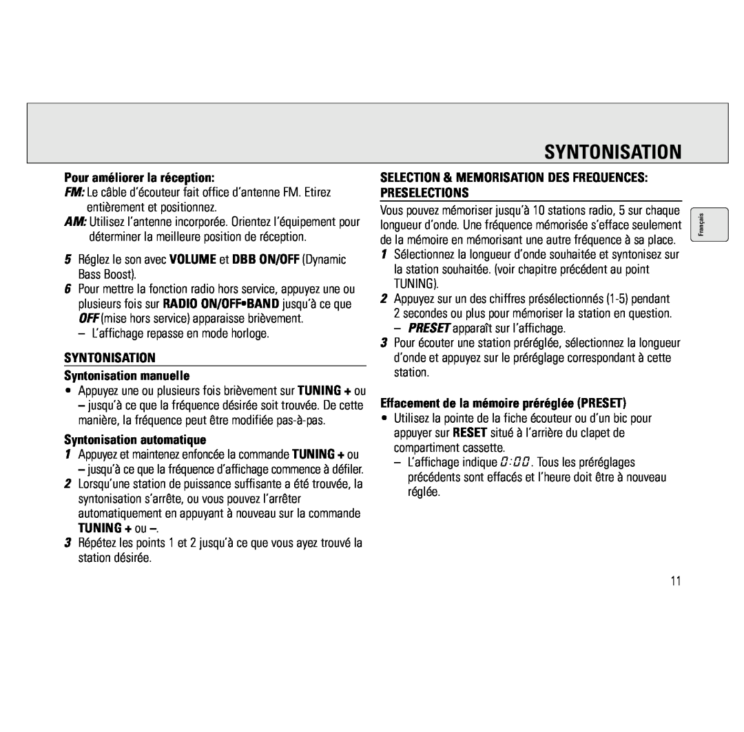 Philips AQ6691/00 manual Pour améliorer la réception, SYNTONISATION Syntonisation manuelle, Syntonisation automatique 