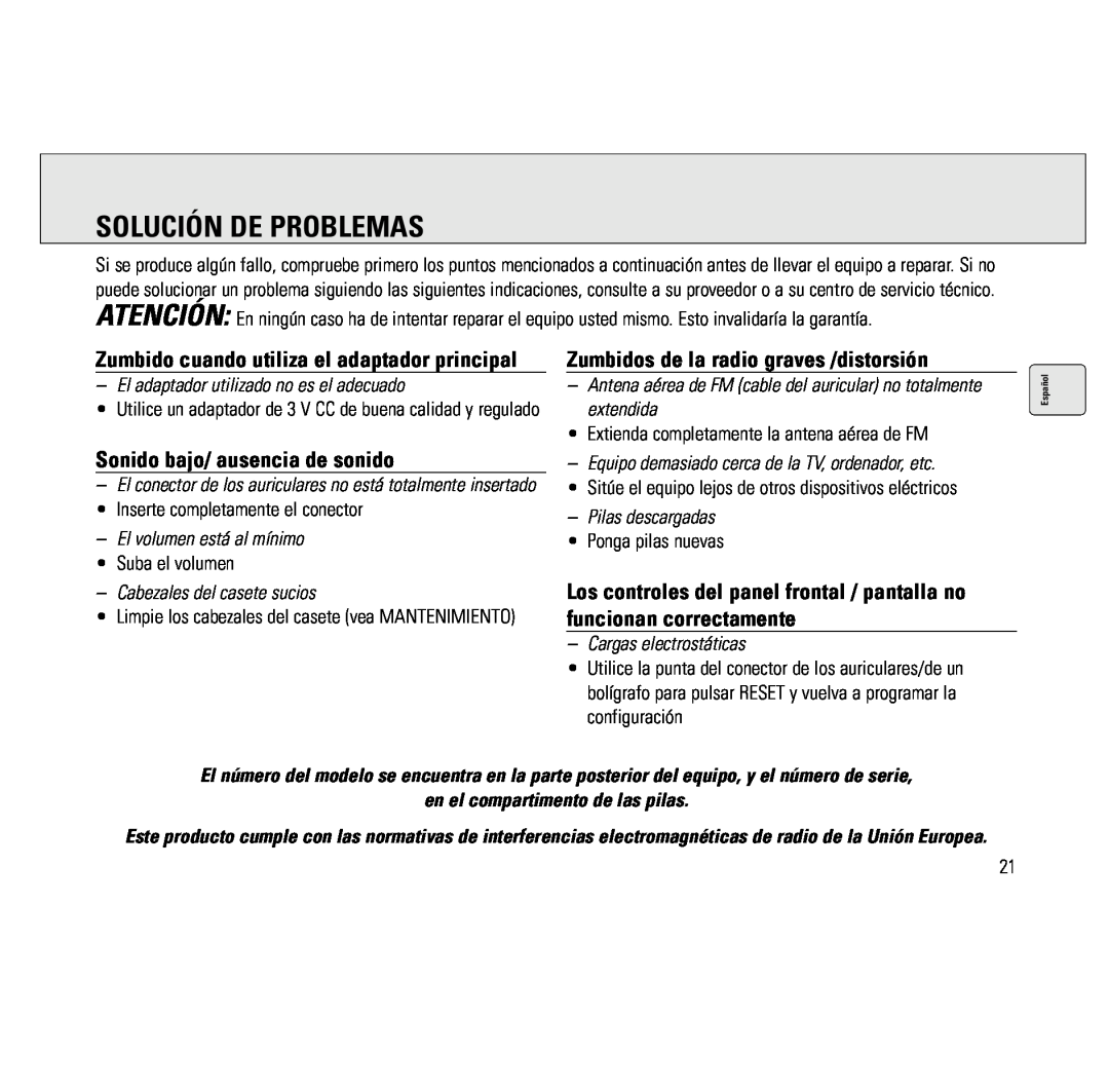 Philips AQ6691/00 manual Solución De Problemas, Zumbidos de la radio graves /distorsión, Sonido bajo/ ausencia de sonido 
