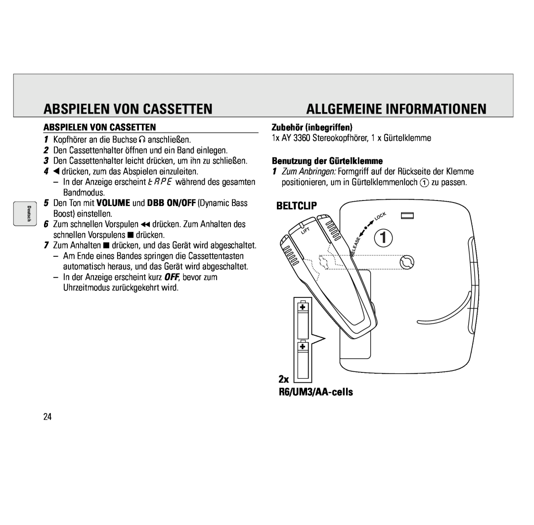 Philips AQ6691/00 manual Abspielen Von Cassetten, Allgemeine Informationen, Zubehör inbegriffen, Benutzung der Gürtelklemme 