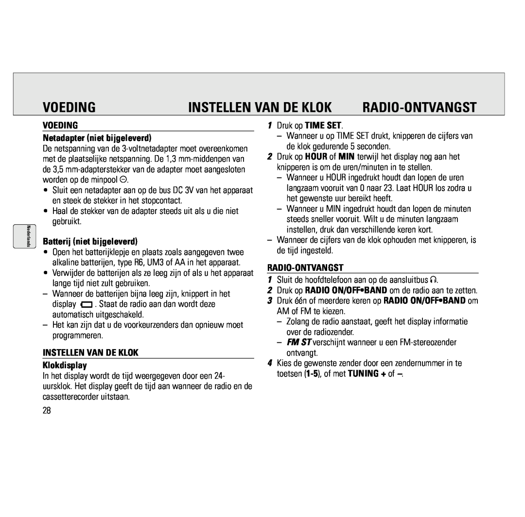 Philips AQ6691/00 manual Voeding, Radio-Ontvangst, Instellen Van De Klok, VOEDING Netadapter niet bijgeleverd 
