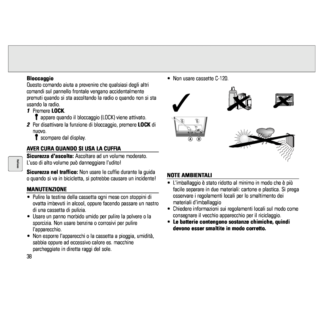 Philips AQ6691/00 manual Bloccaggio, Aver Cura Quando Si Usa La Cuffia, Manutenzione, Note Ambientali 