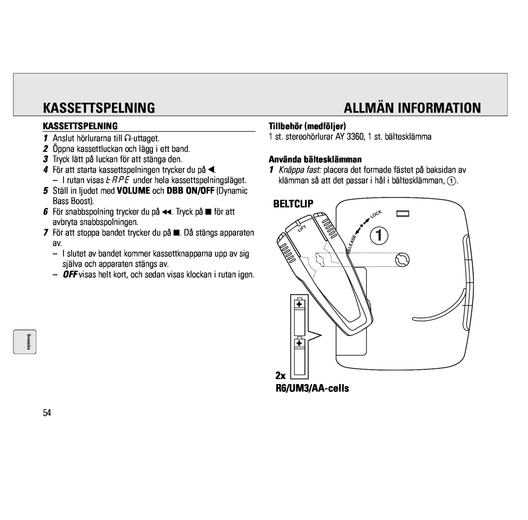 Philips AQ6691/00 manual Kassettspelning, Allmän Information, Tillbehör medföljer, Använda bältesklämman, Beltclip 