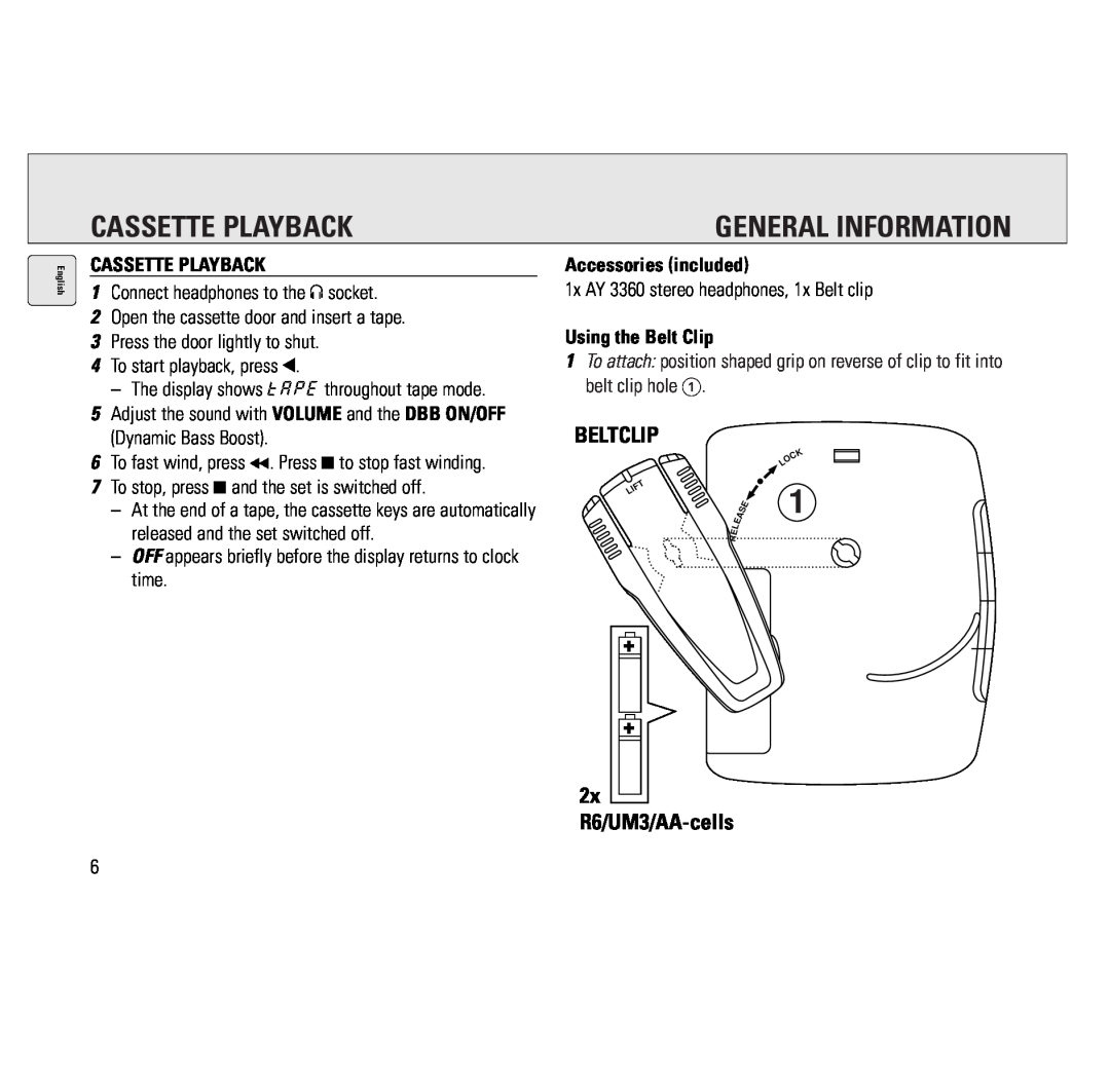 Philips AQ6691/00 manual Cassette Playback, General Information, Beltclip, Accessories included, Using the Belt Clip 