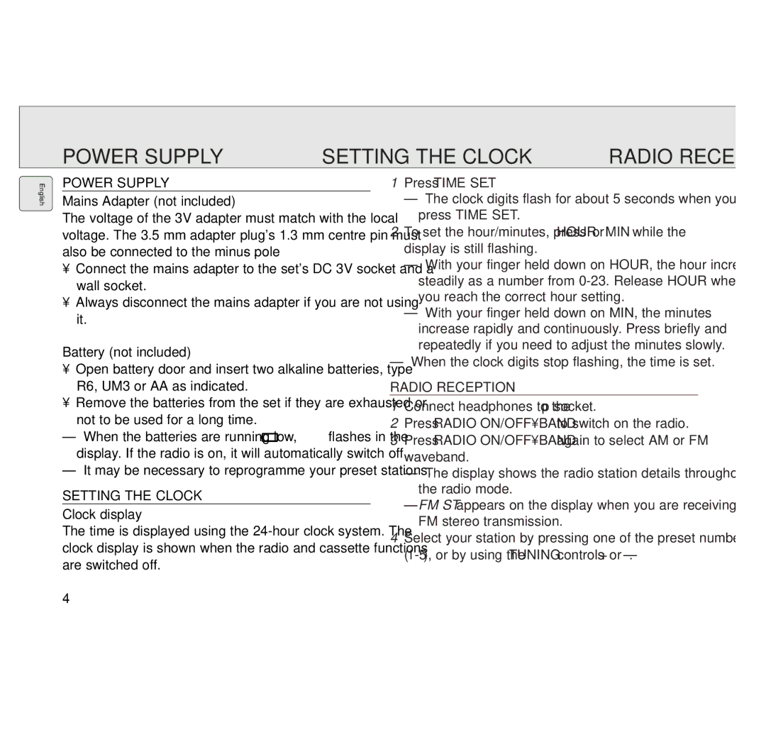 Philips AQ6691/01Z manual Power Supply Setting the Clock Radio Reception 