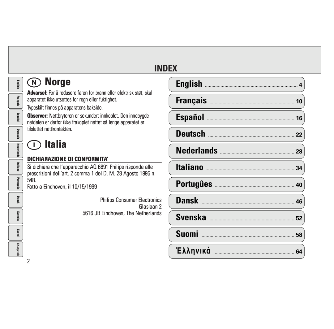 Philips AQ6691/01Z manual Index, Dichiarazione Di Conformita’, n Norge, i Italia 