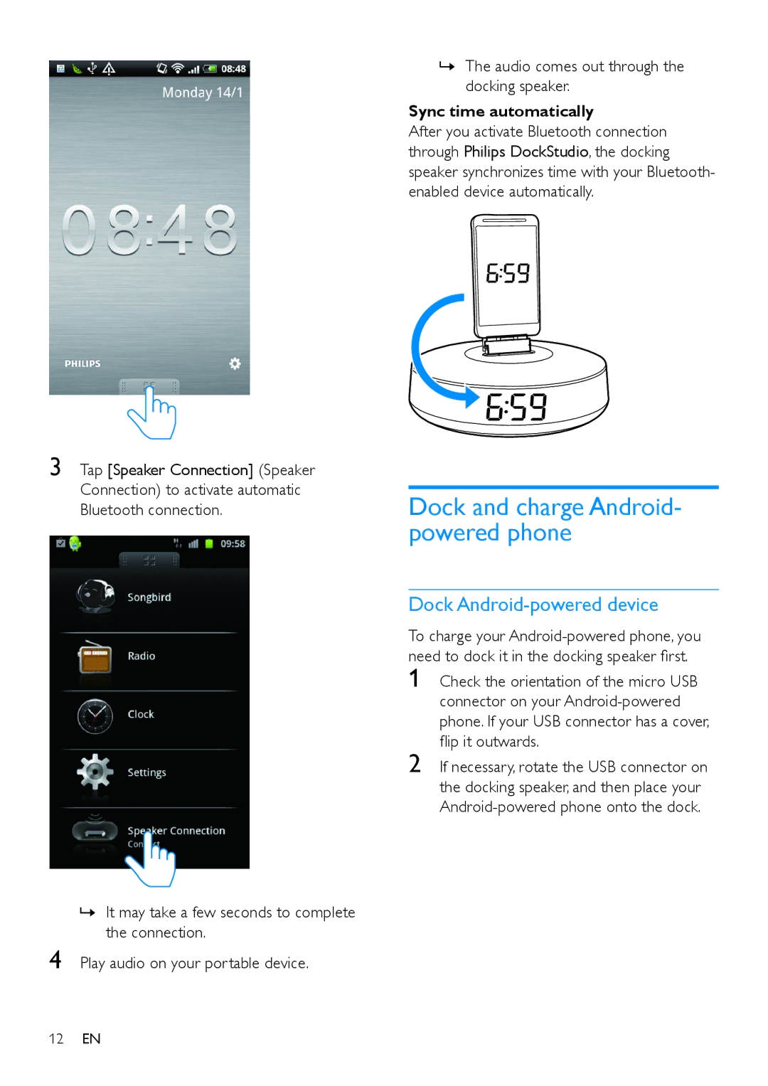 Philips AS111 user manual Dock Android-powered device, Sync time automatically 