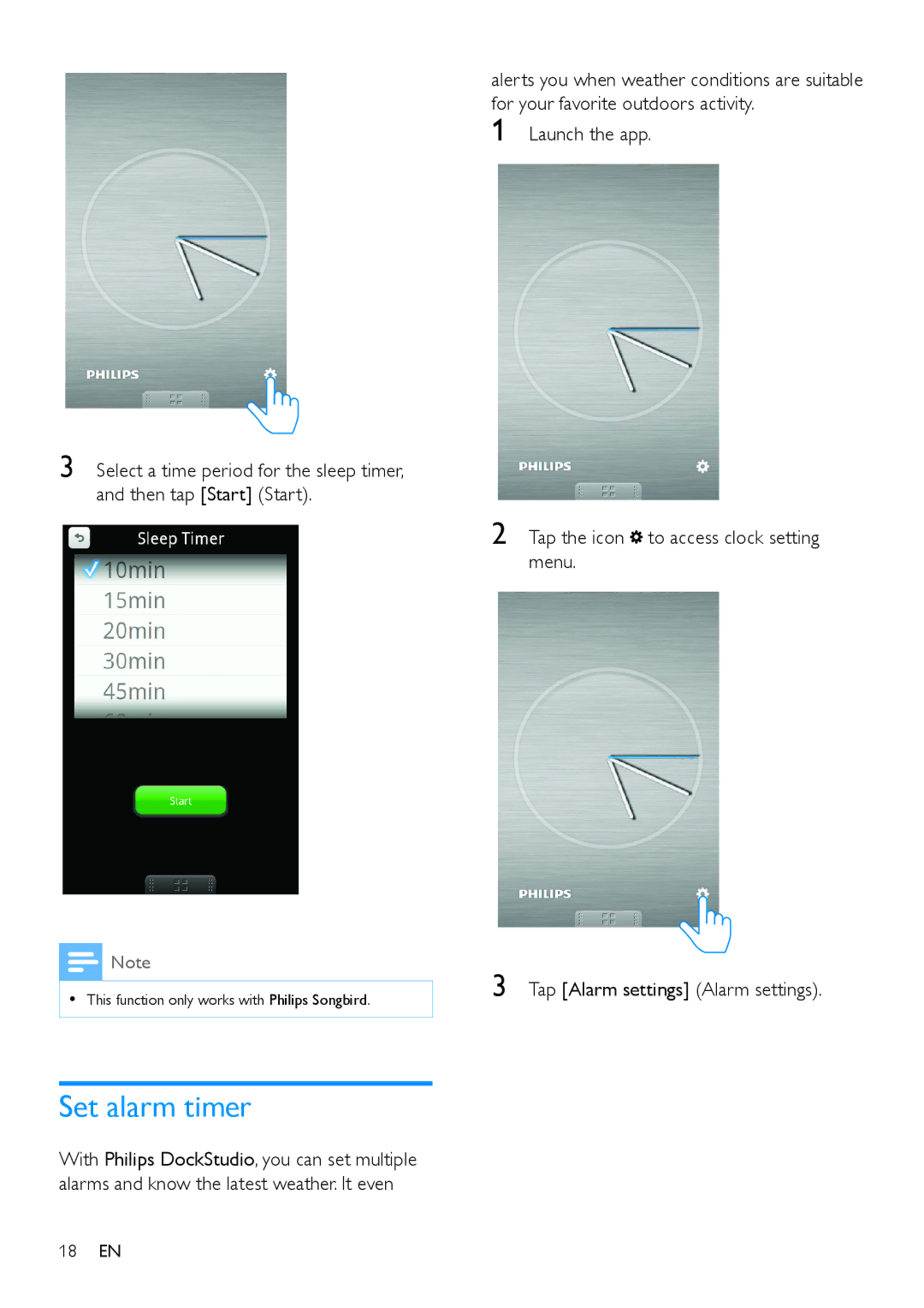 Philips AS111 user manual Set alarm timer, Tap Alarm settings Alarm settings 