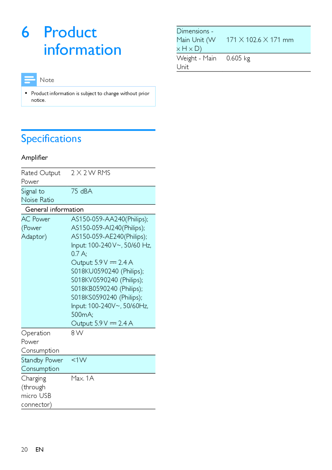 Philips AS111 user manual Product information, Specifications, Adaptor, Output 5.9 