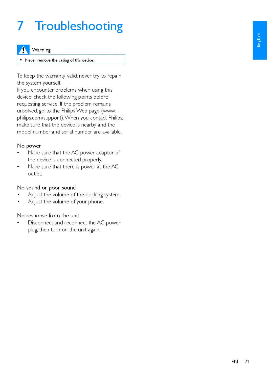 Philips AS111 user manual Troubleshooting 