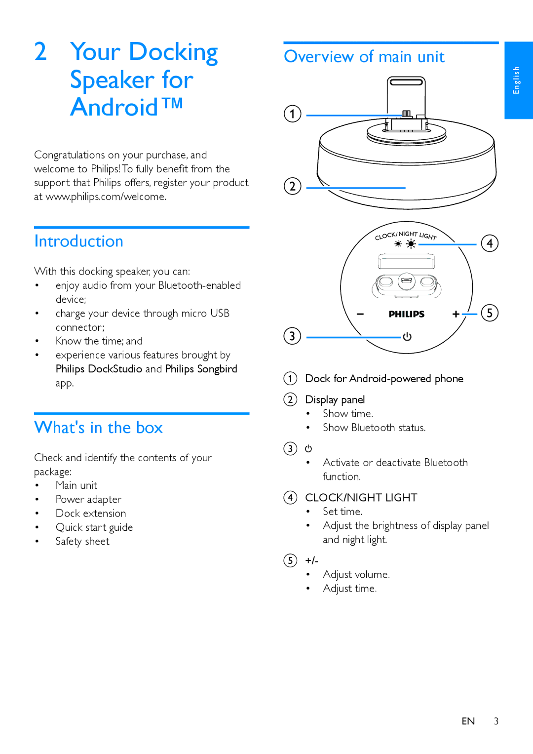 Philips AS111 user manual Introduction, Whats in the box, Overview of main unit 