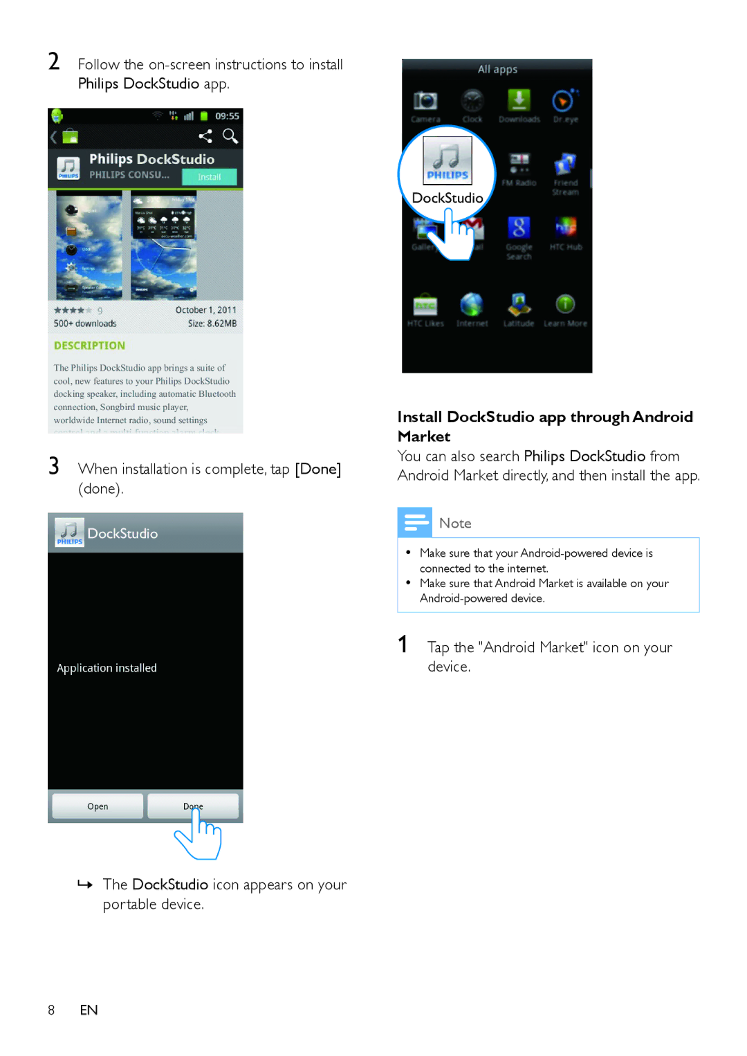 Philips AS111 When installation is complete, tap Done done, »» The DockStudio icon appears on your portable device 