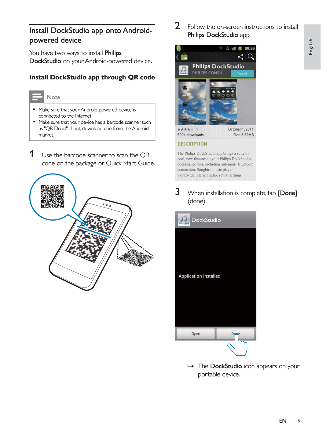Philips AS140 user manual Install DockStudio app through QR code 