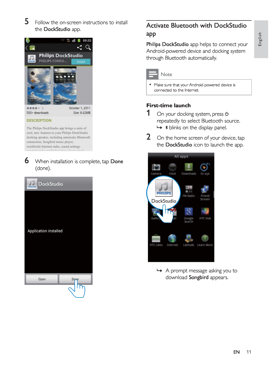 Philips AS140 user manual Activate Bluetooth with DockStudio app, First-timelaunch 