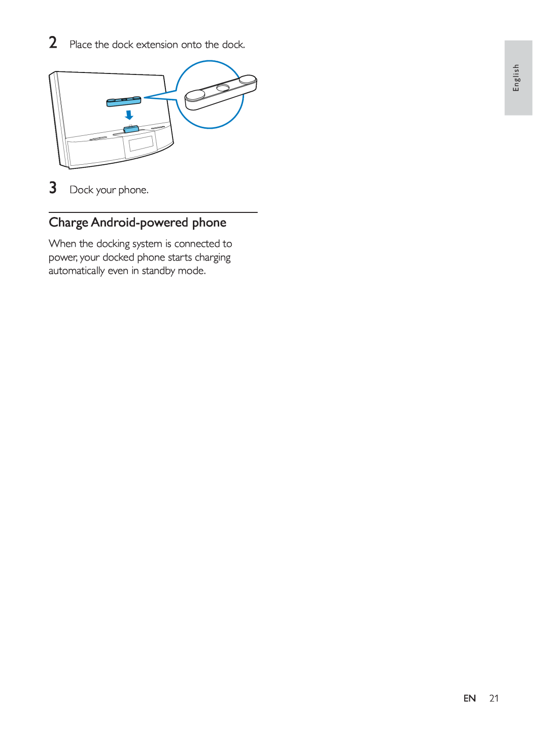 Philips AS140 user manual Charge Android-poweredphone, Place the dock extension onto the dock, Dock your phone 