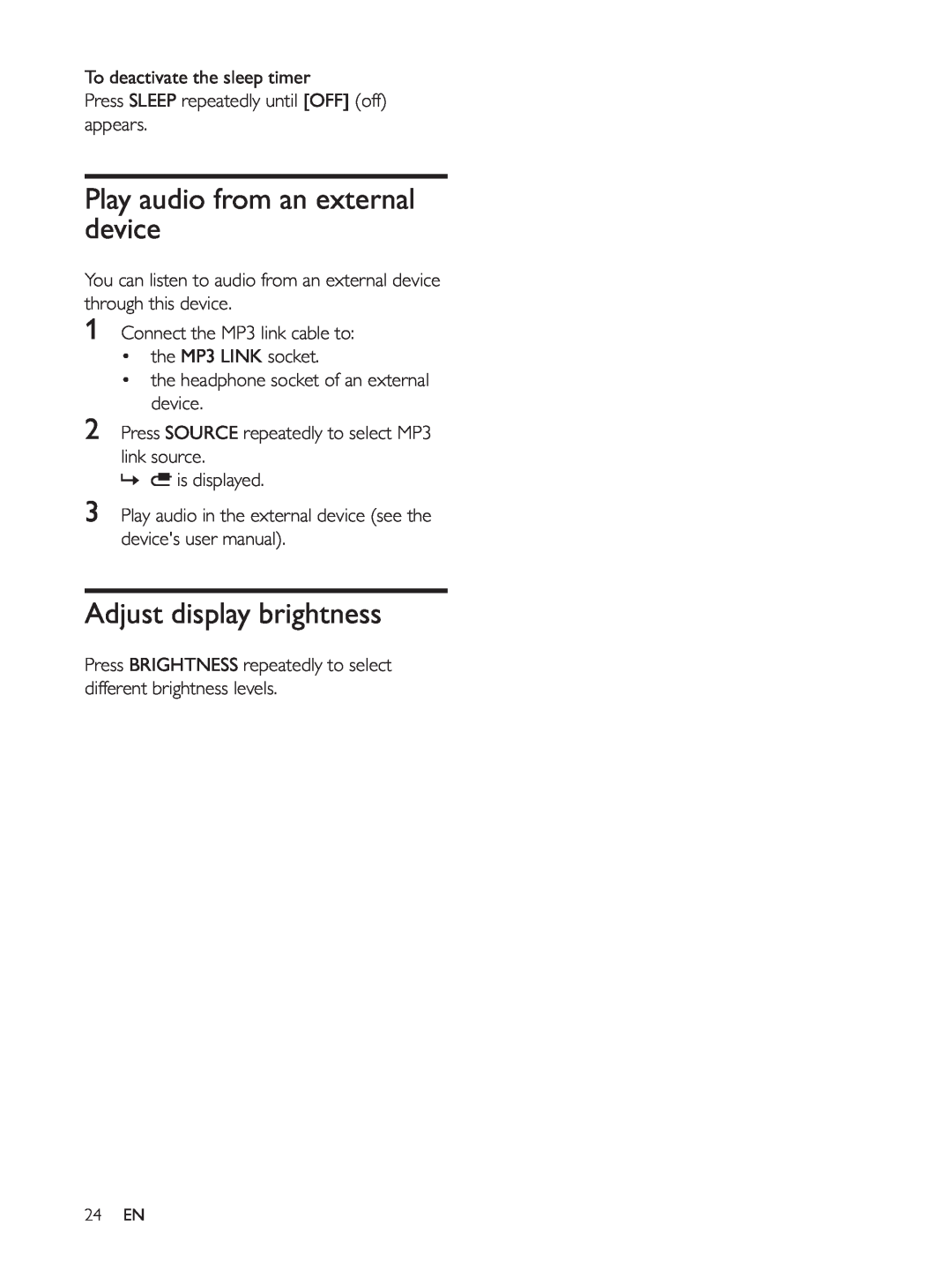 Philips AS140 user manual Play audio from an external device, Adjust display brightness 