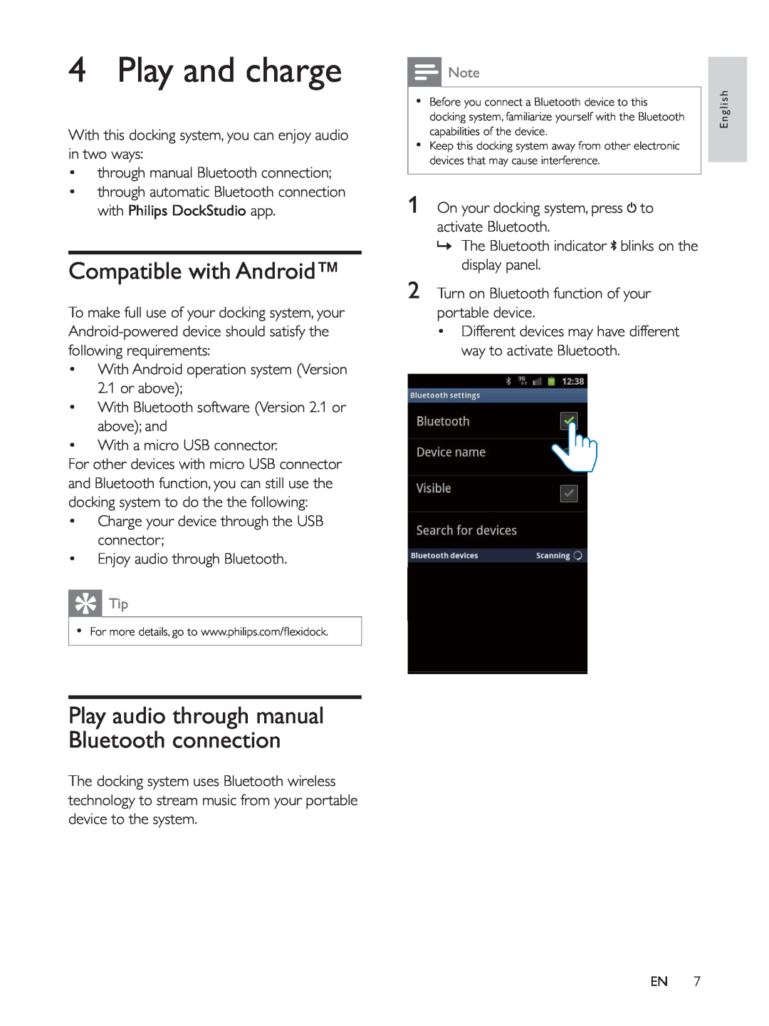 Philips AS140 user manual Play and charge, Compatible with Android, Play audio through manual Bluetooth connection 