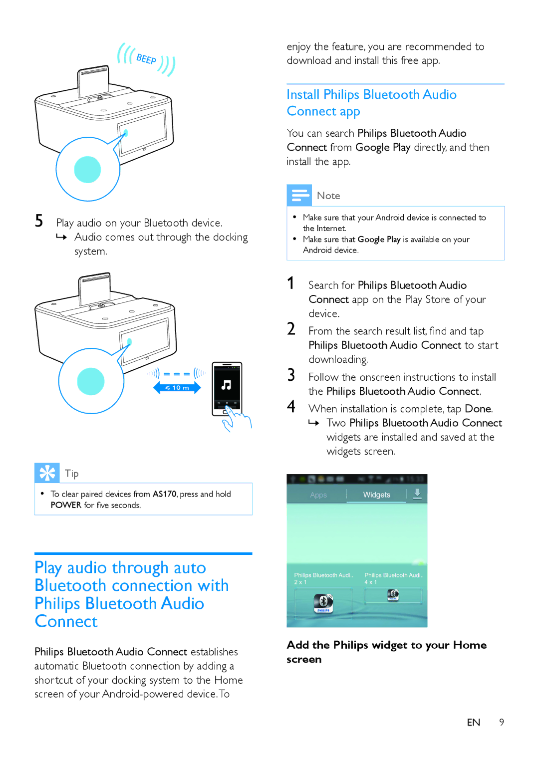 Philips AS170 user manual Install Philips Bluetooth Audio Connect app, Add the Philips widget to your Home screen 