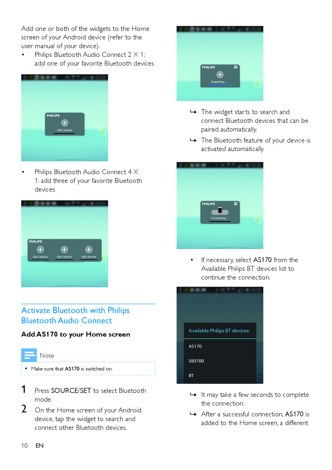 Philips AS170 user manual Activate Bluetooth with Philips Bluetooth Audio Connect 