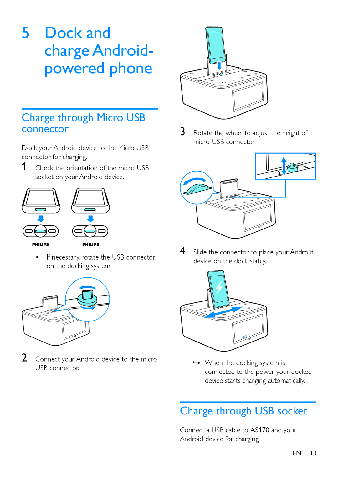 Philips AS170 user manual Charge through USB socket 