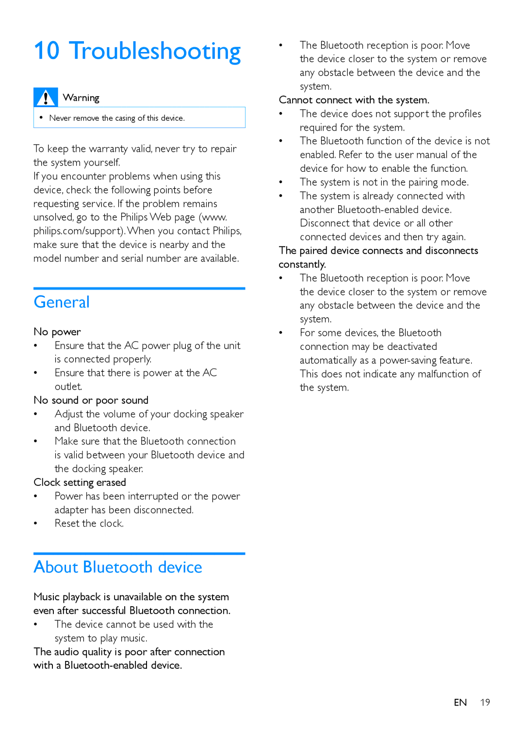 Philips AS170 user manual Troubleshooting, General, About Bluetooth device 