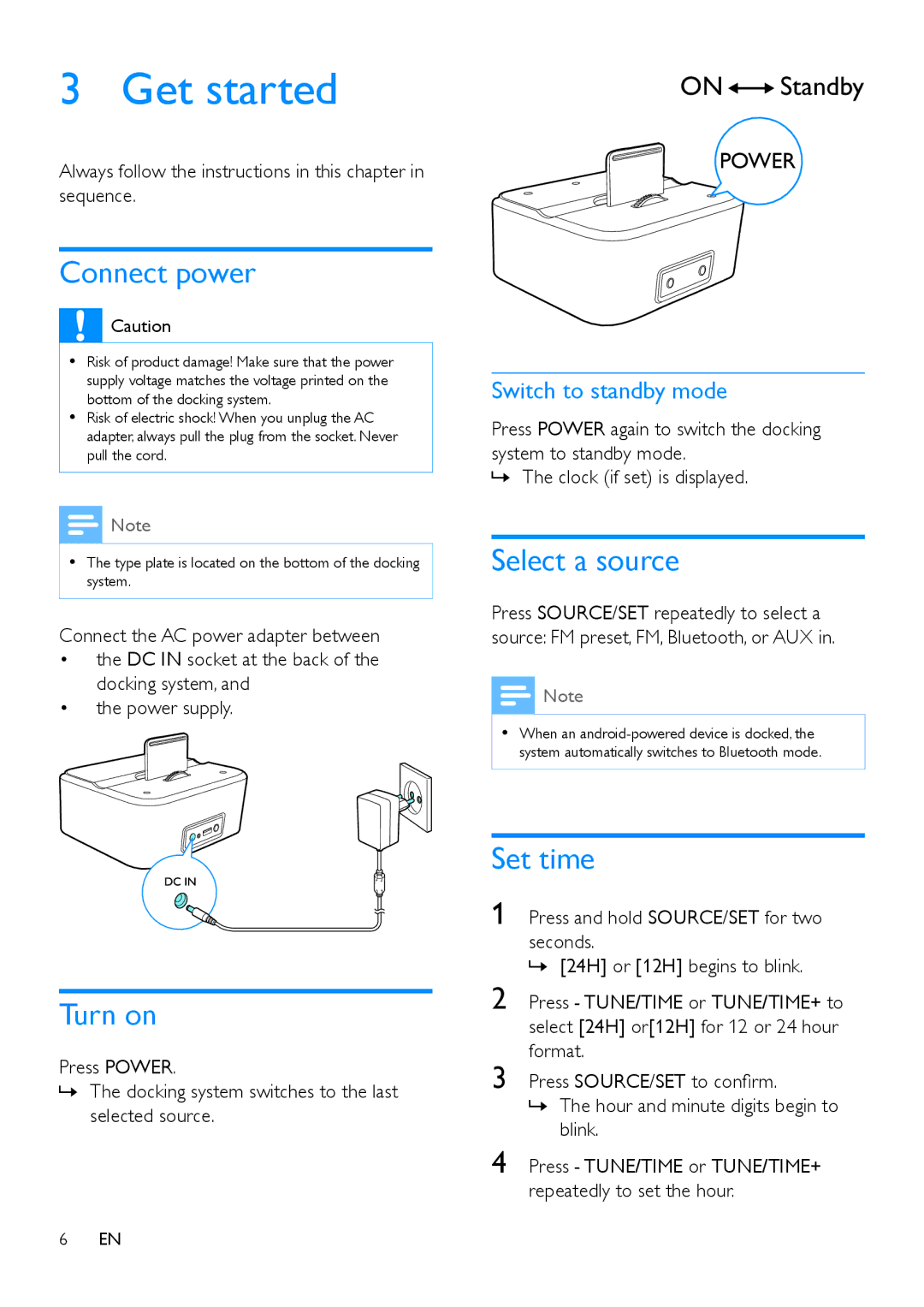 Philips AS170 user manual Get started, Connect power, Turn on, Select a source, Set time 