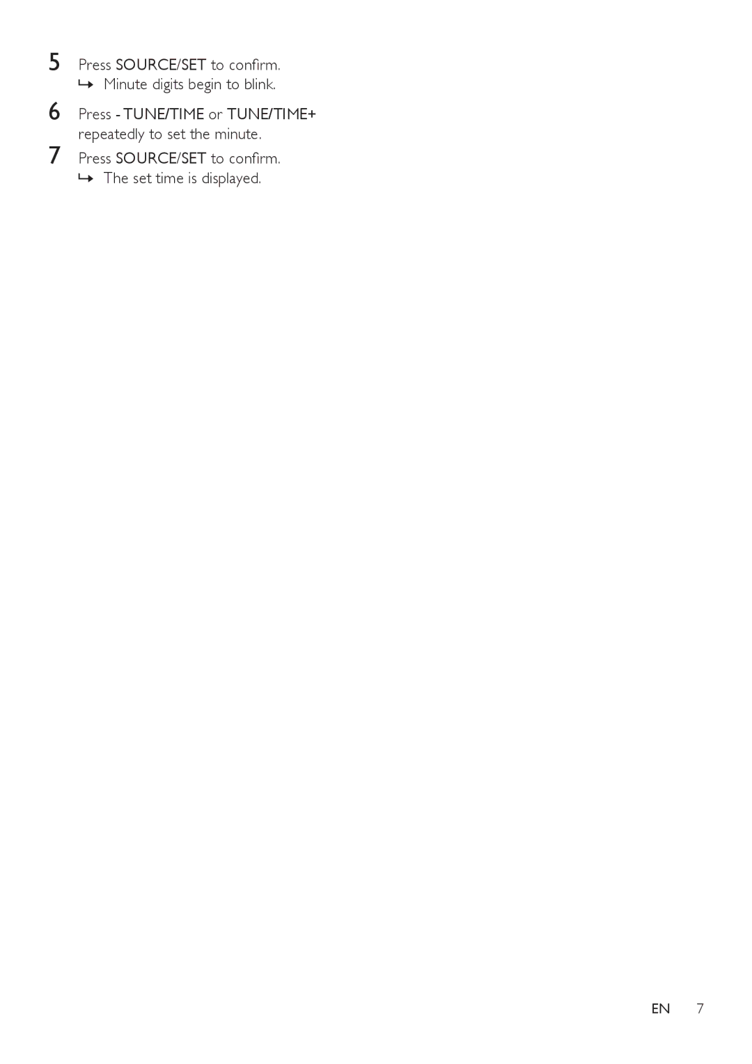 Philips AS170 user manual Press SOURCE/SET to confirm »» Minute digits begin to blink 