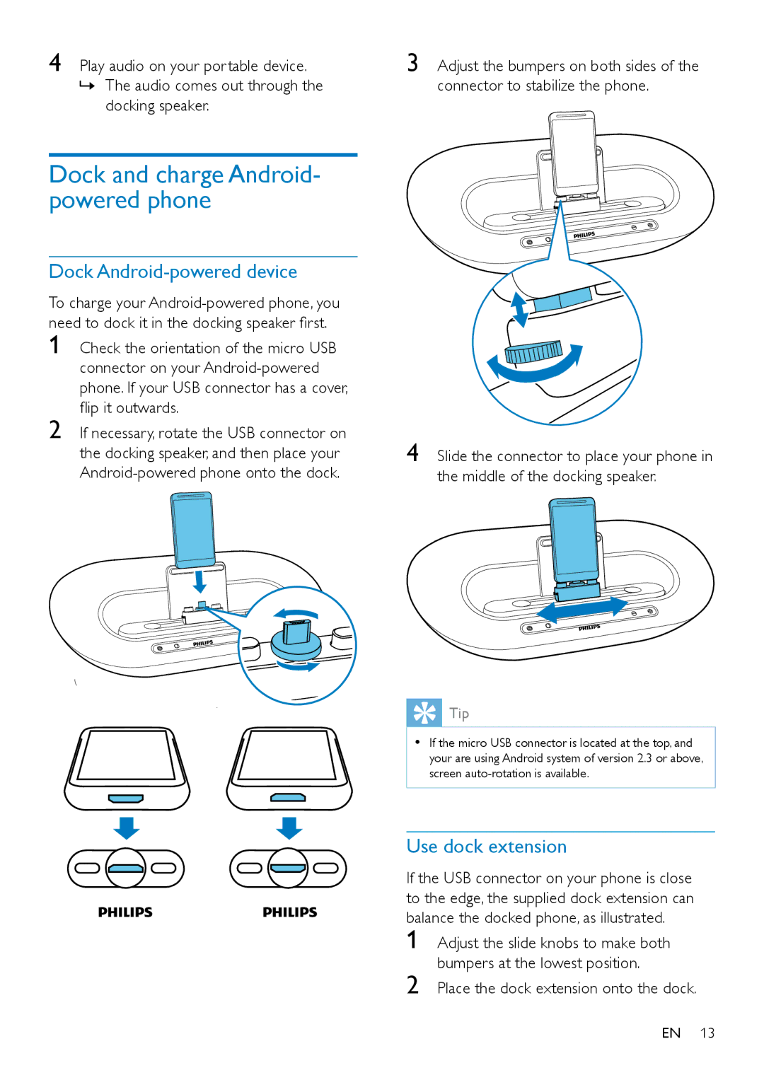 Philips AS351 user manual Dock Android-powered device, Use dock extension 