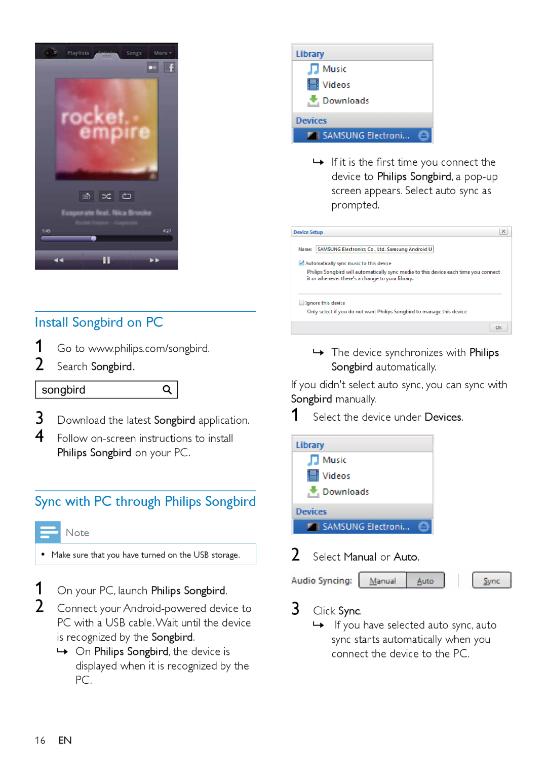 Philips AS351 user manual Install Songbird on PC, Sync with PC through Philips Songbird 