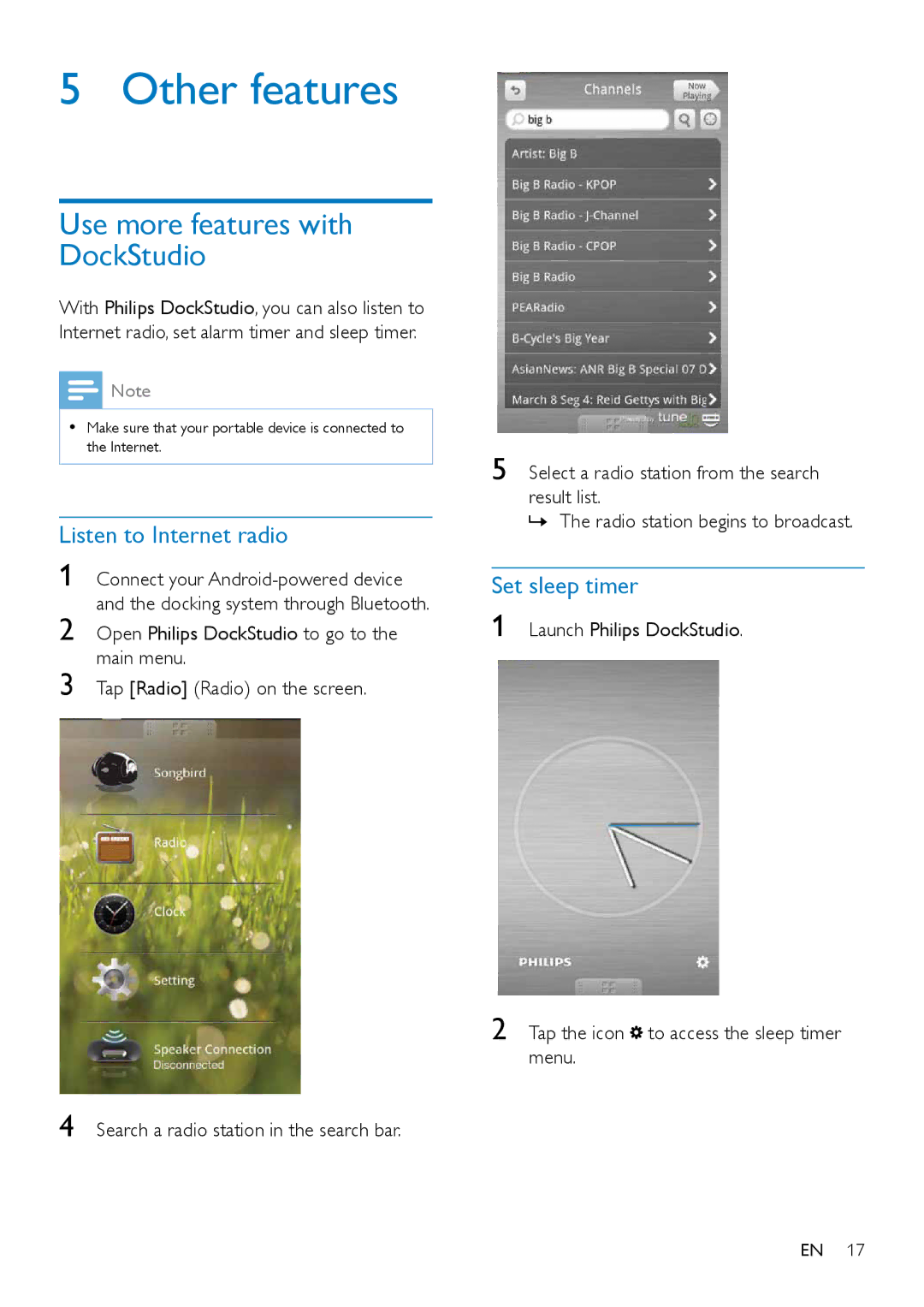 Philips AS351 user manual Other features, Use more features with DockStudio, Listen to Internet radio, Set sleep timer 