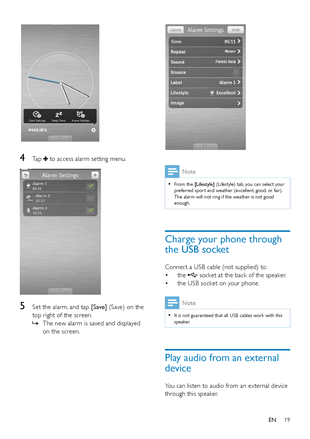 Philips AS351 user manual Charge your phone through the USB socket, Play audio from an external device 