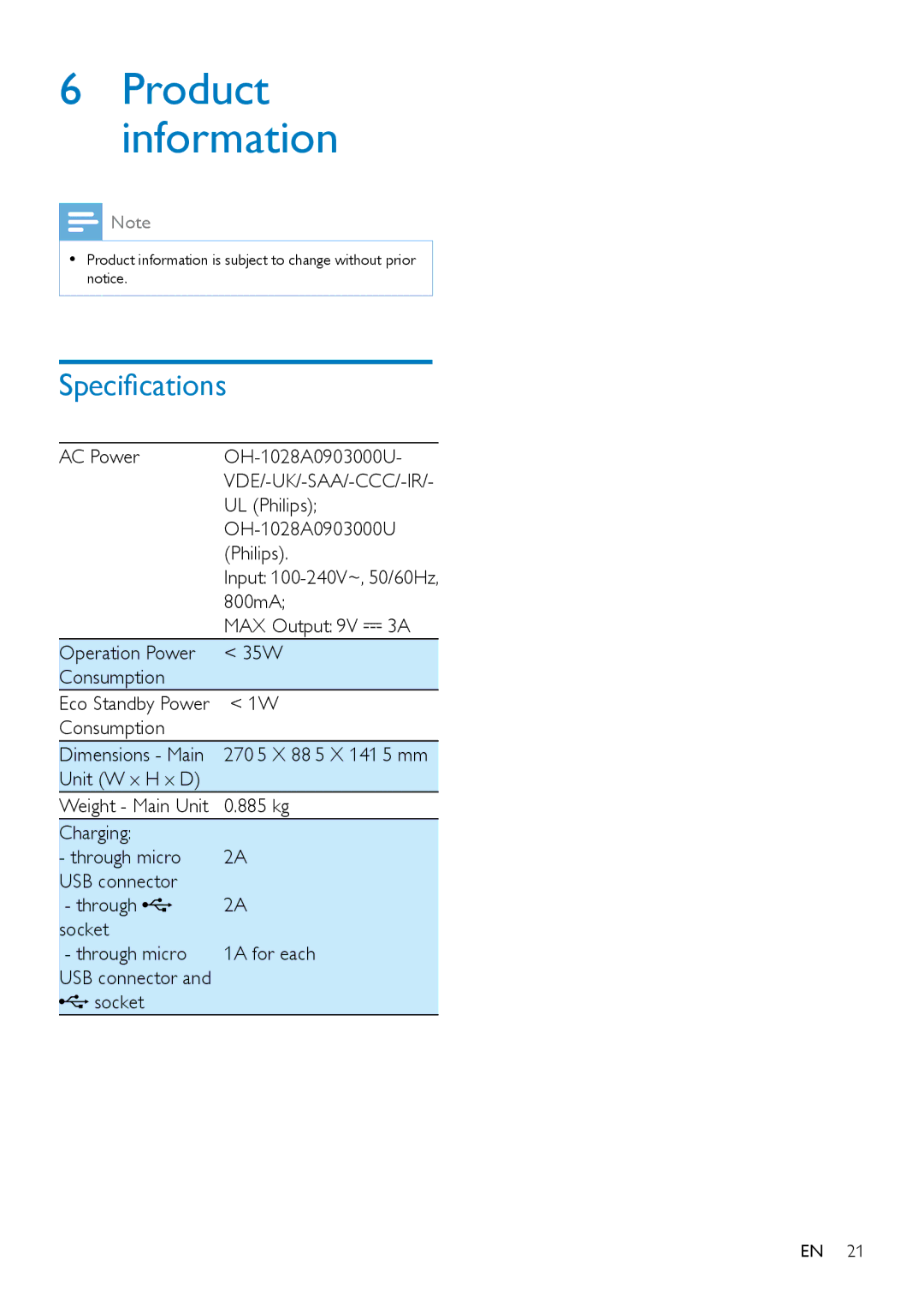 Philips AS351 user manual Product information, Specifications 