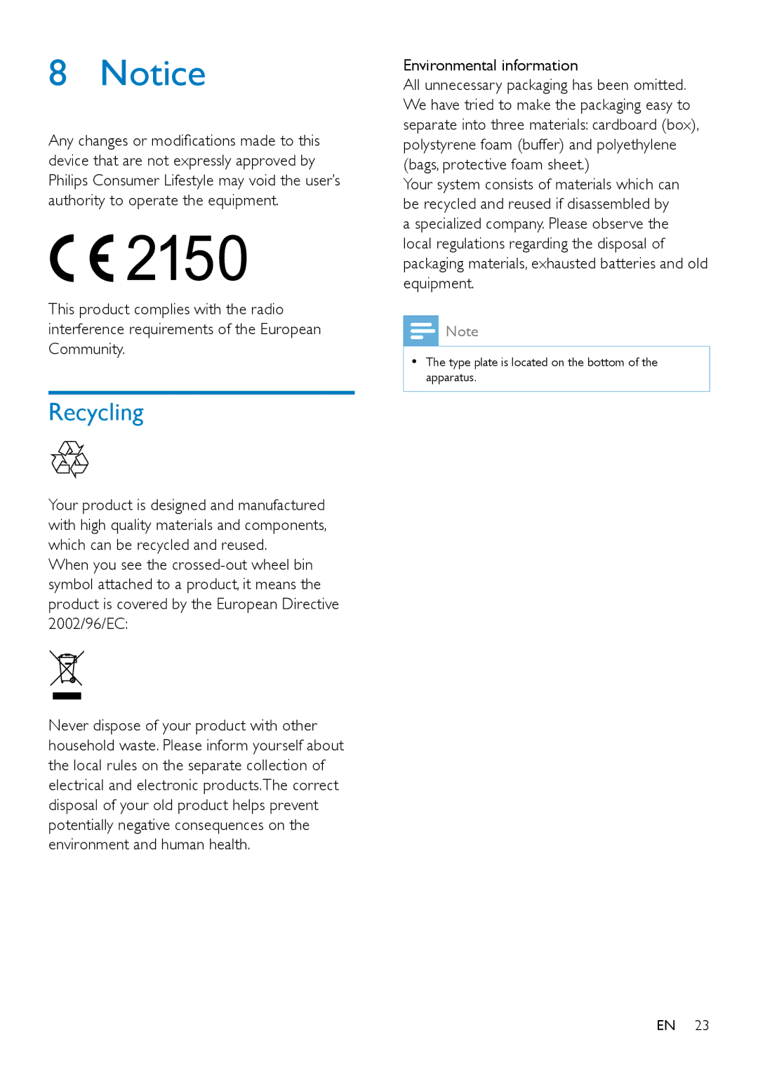 Philips AS351 user manual Recycling, Environmental information 