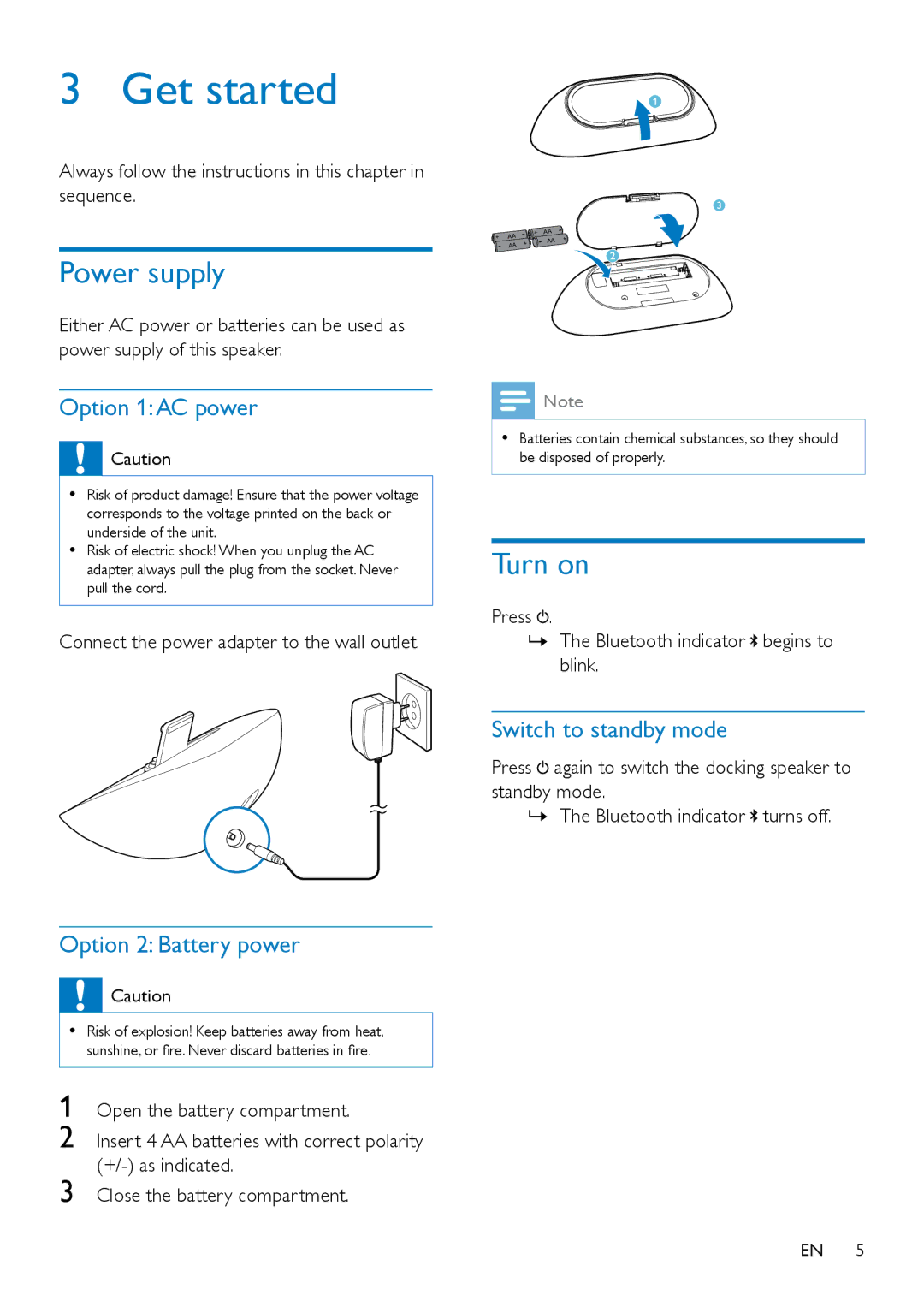 Philips AS351 user manual Get started, Power supply, Turn on 