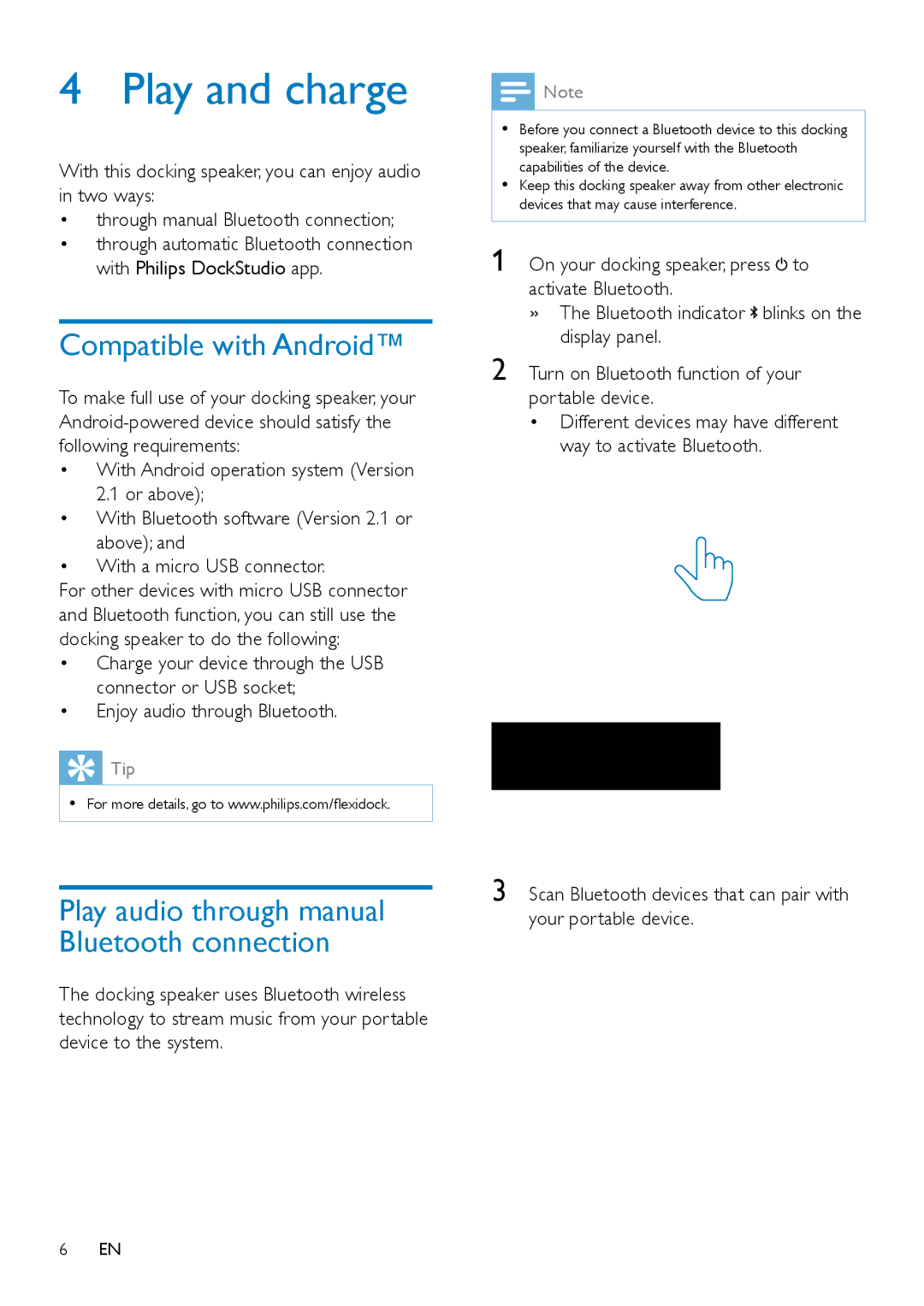 Philips AS351 user manual Play and charge, Compatible with Android 