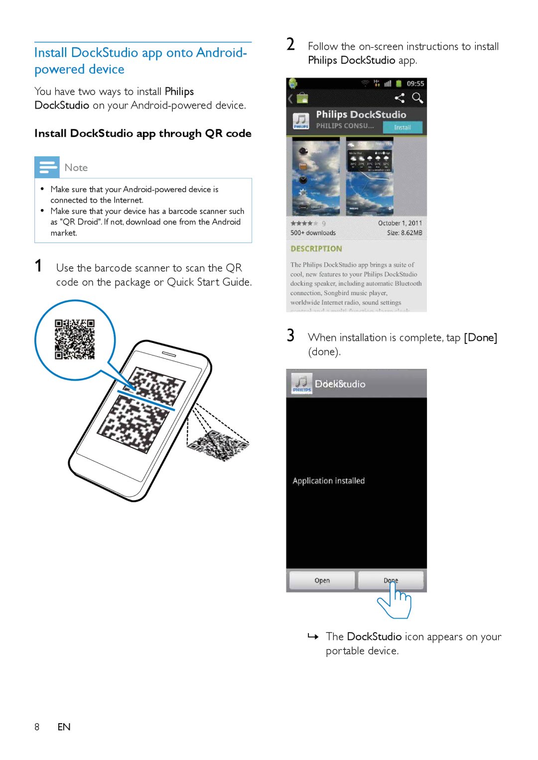 Philips AS351 user manual Install DockStudio app onto Android- powered device, Install DockStudio app through QR code 