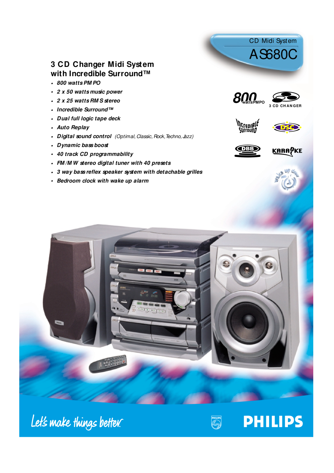 Philips AS680C manual CD Midi System, CD Changer Midi System with Incredible Surround 