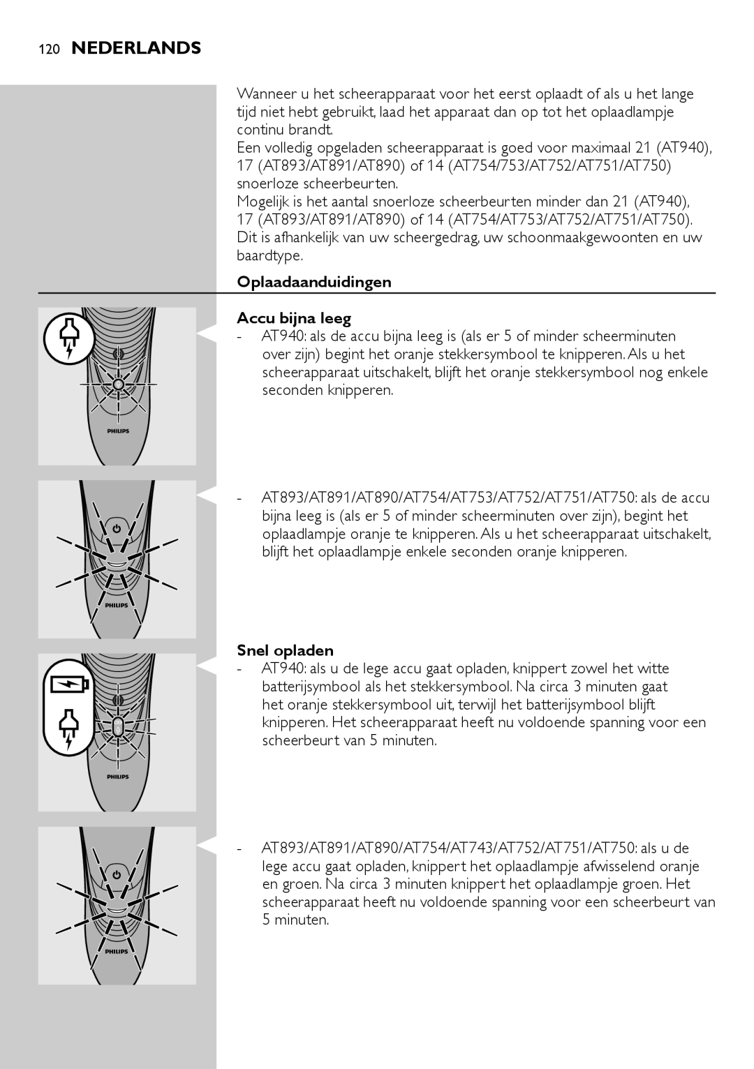 Philips AT751, AT800, AT754, AT700 manual Oplaadaanduidingen Accu bijna leeg, Snel opladen 