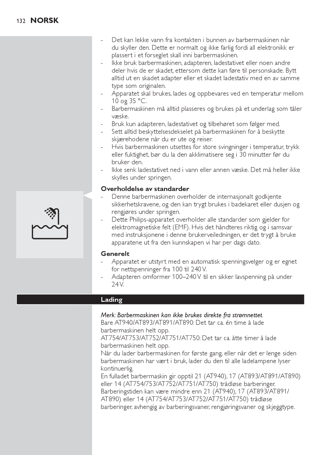 Philips AT751, AT800, AT754, AT700 manual Norsk, Overholdelse av standarder, Lading 