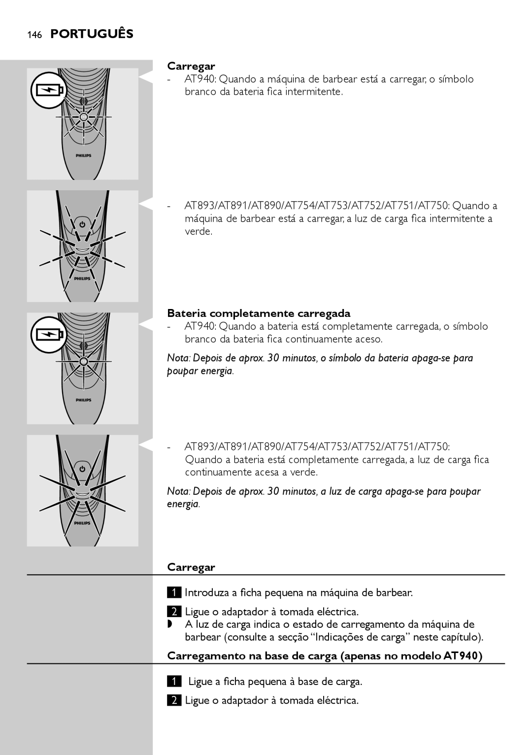 Philips AT754 manual Carregar, Verde, Bateria completamente carregada, Carregamento na base de carga apenas no modelo AT940 