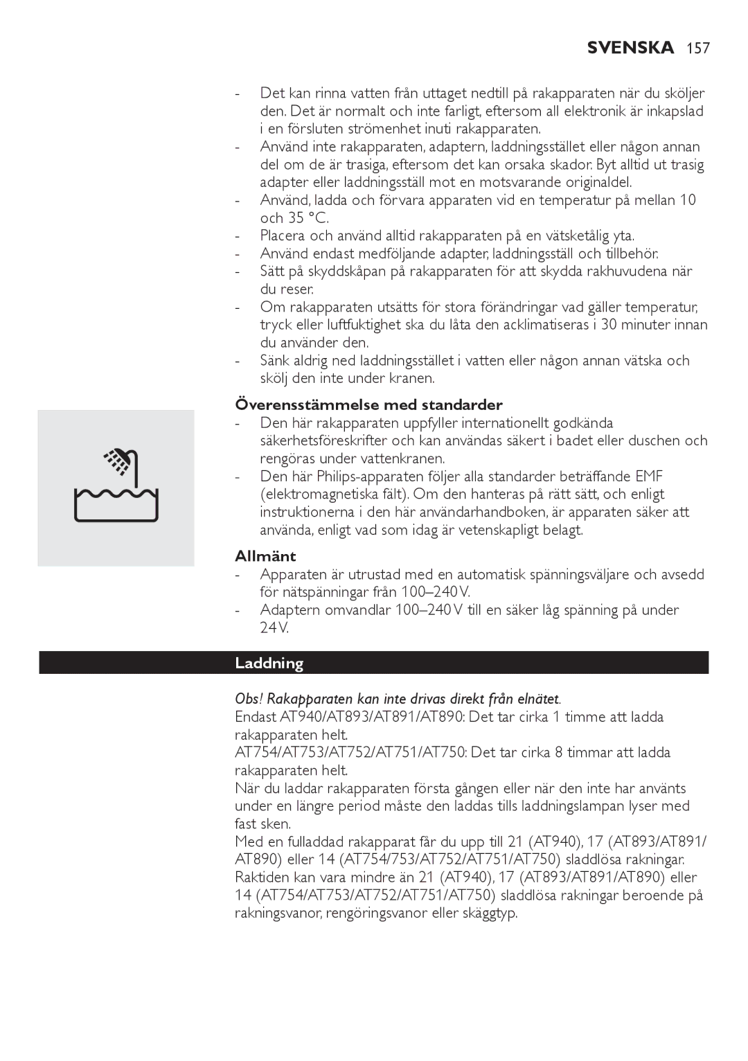 Philips AT800, AT751, AT754, AT700 manual Svenska, Överensstämmelse med standarder, Allmänt, Laddning 