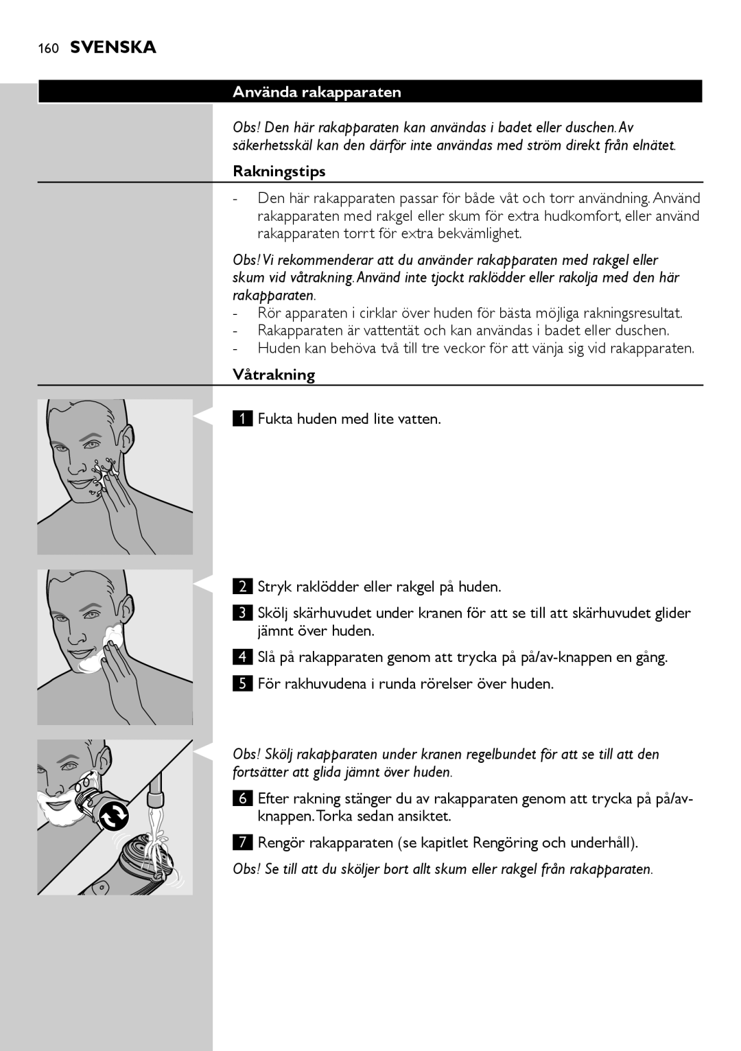 Philips AT751, AT800, AT754, AT700 manual Använda rakapparaten, Rakningstips, Våtrakning 