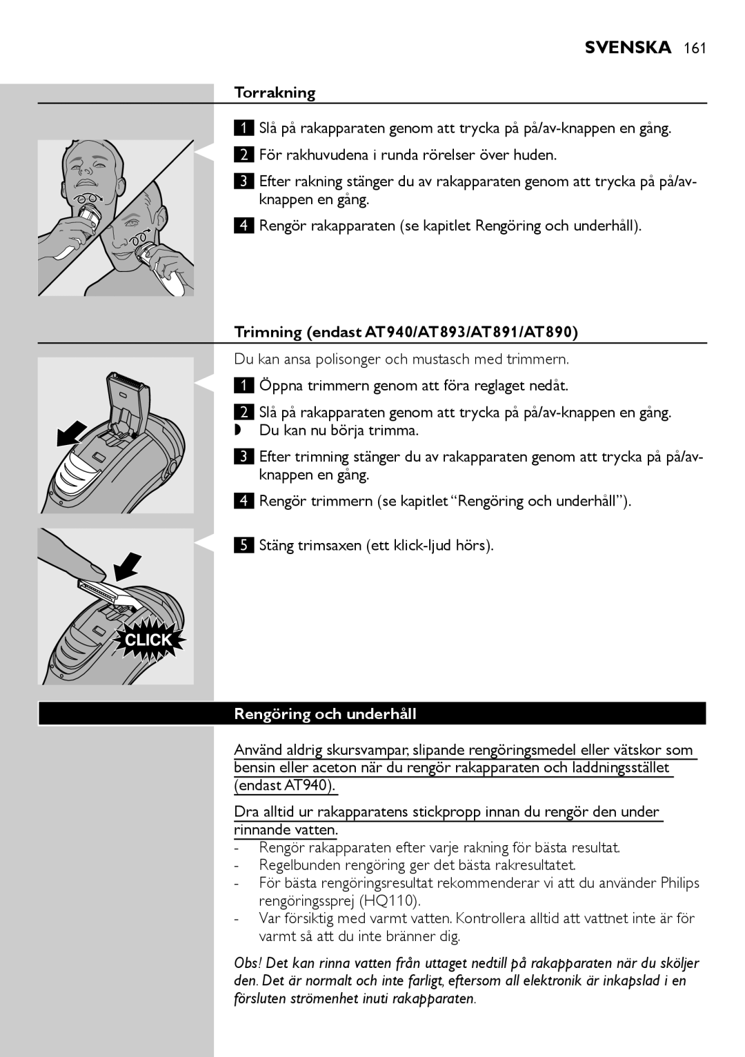 Philips AT800, AT751, AT754, AT700 manual Torrakning, Trimning endast AT940/AT893/AT891/AT890, Rengöring och underhåll 