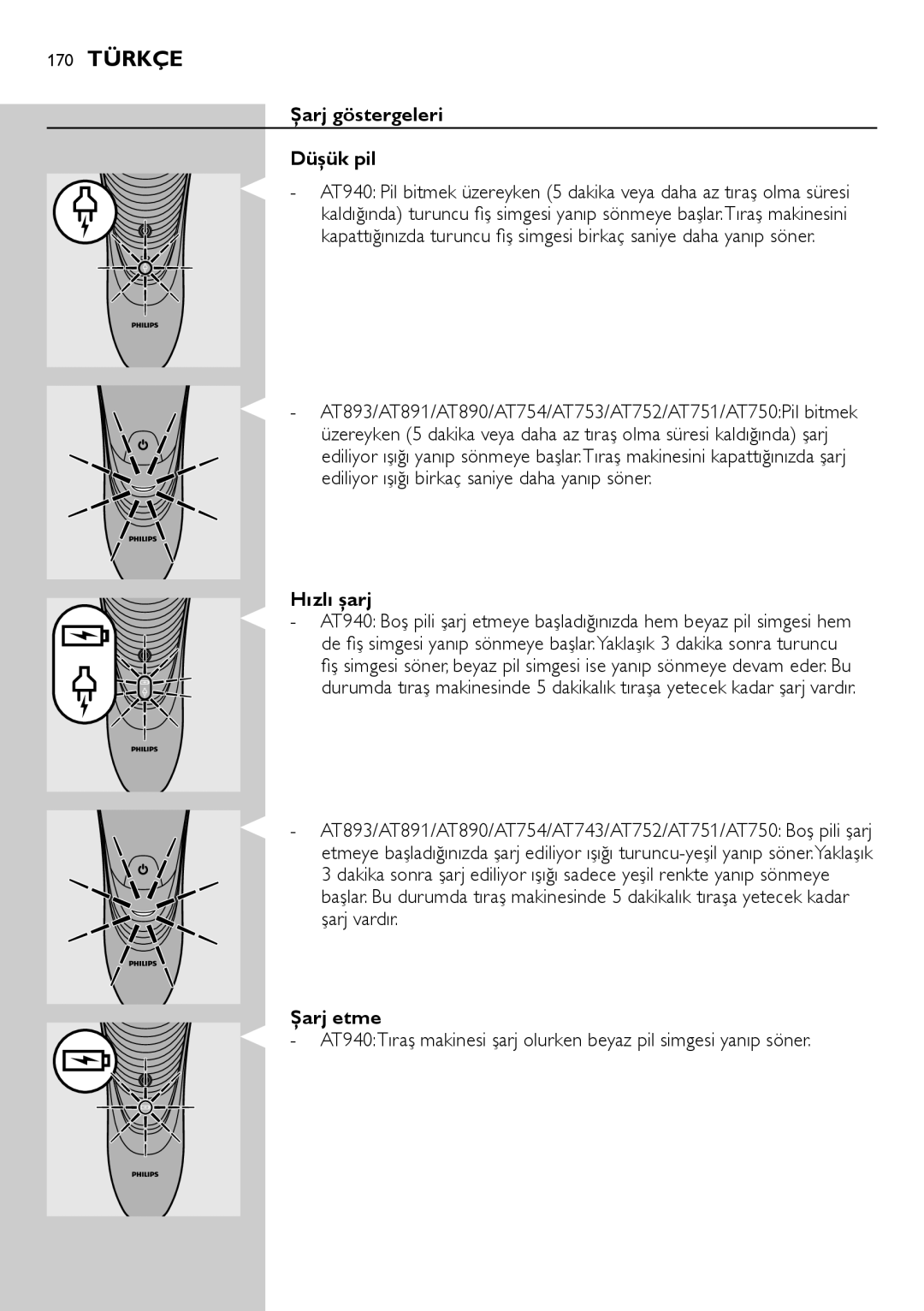 Philips AT754, AT751, AT800, AT700 manual 170 Türkçe, Şarj göstergeleri Düşük pil, Hızlı şarj, Şarj etme 