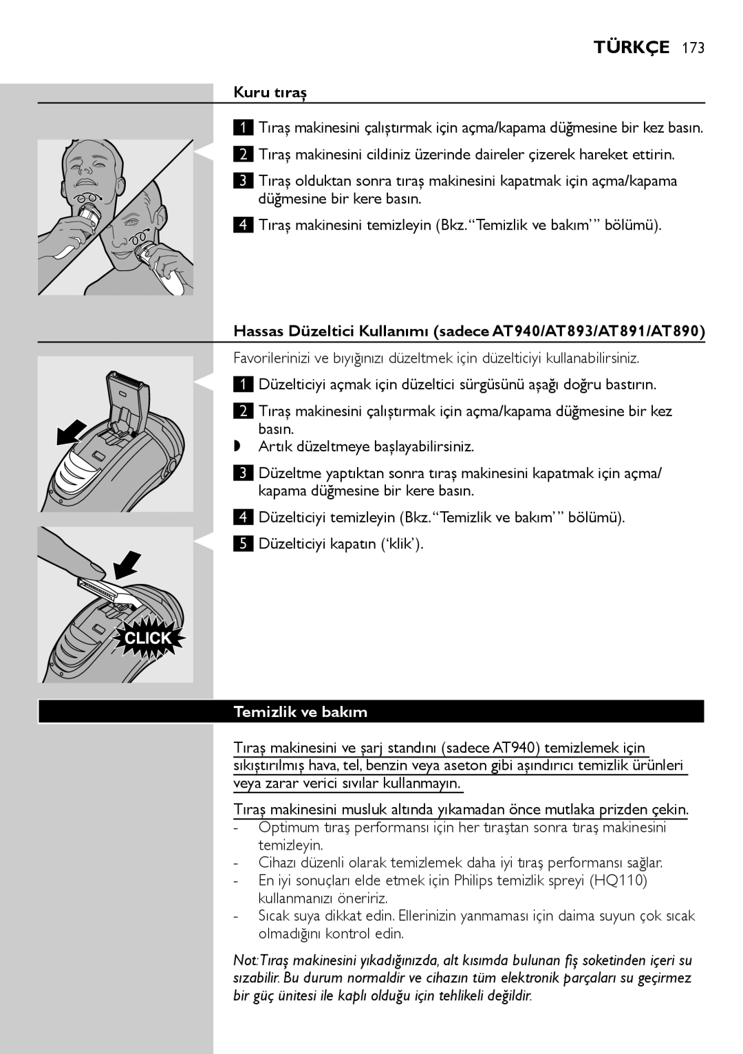 Philips AT800, AT751, AT754, AT700 Kuru tıraş, Hassas Düzeltici Kullanımı sadece AT940/AT893/AT891/AT890, Temizlik ve bakım 