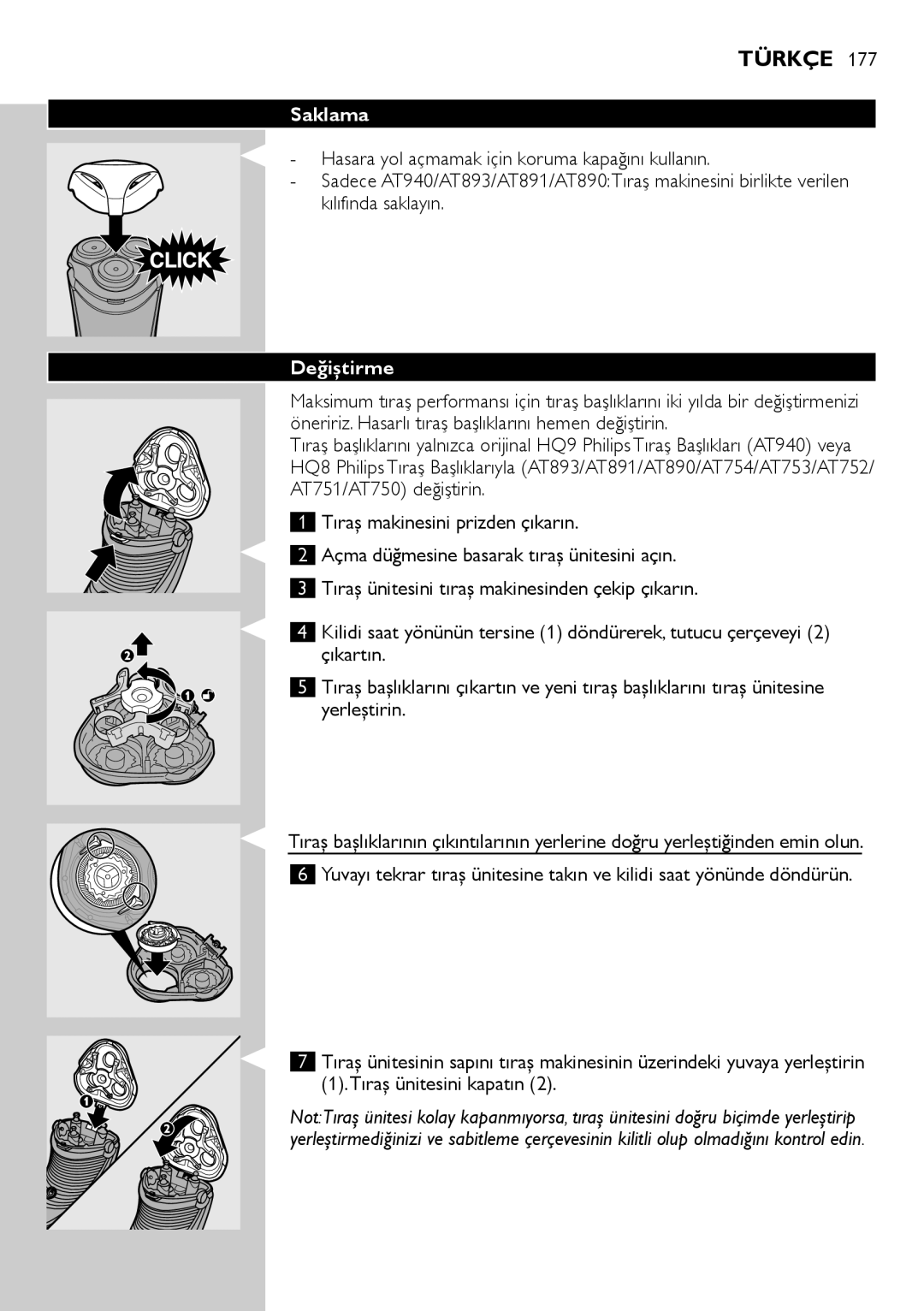 Philips AT800, AT751, AT754, AT700 manual Saklama, Değiştirme 