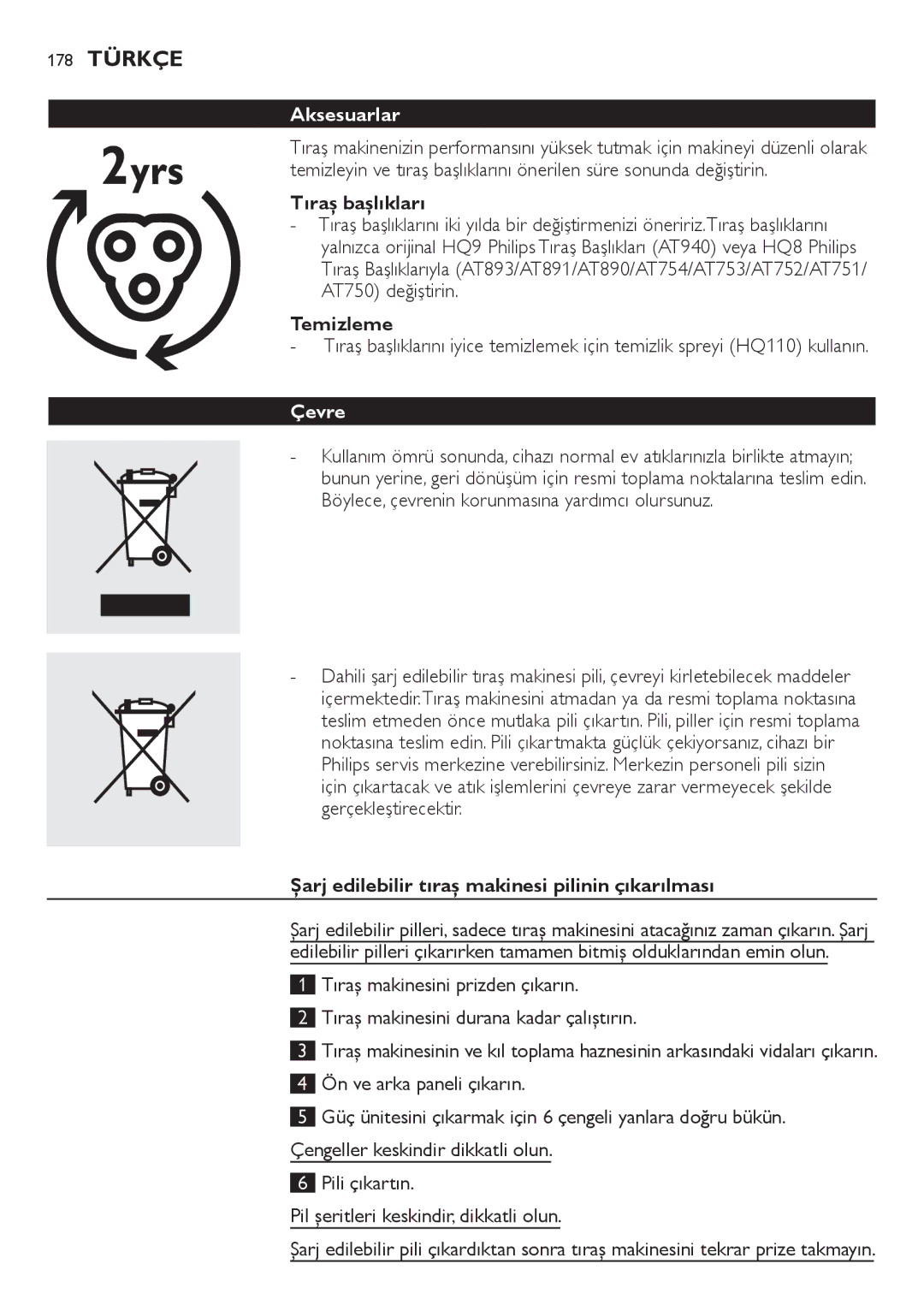 Philips AT754, AT751, AT800, AT700 manual 178 Türkçe, Aksesuarlar, Çevre 