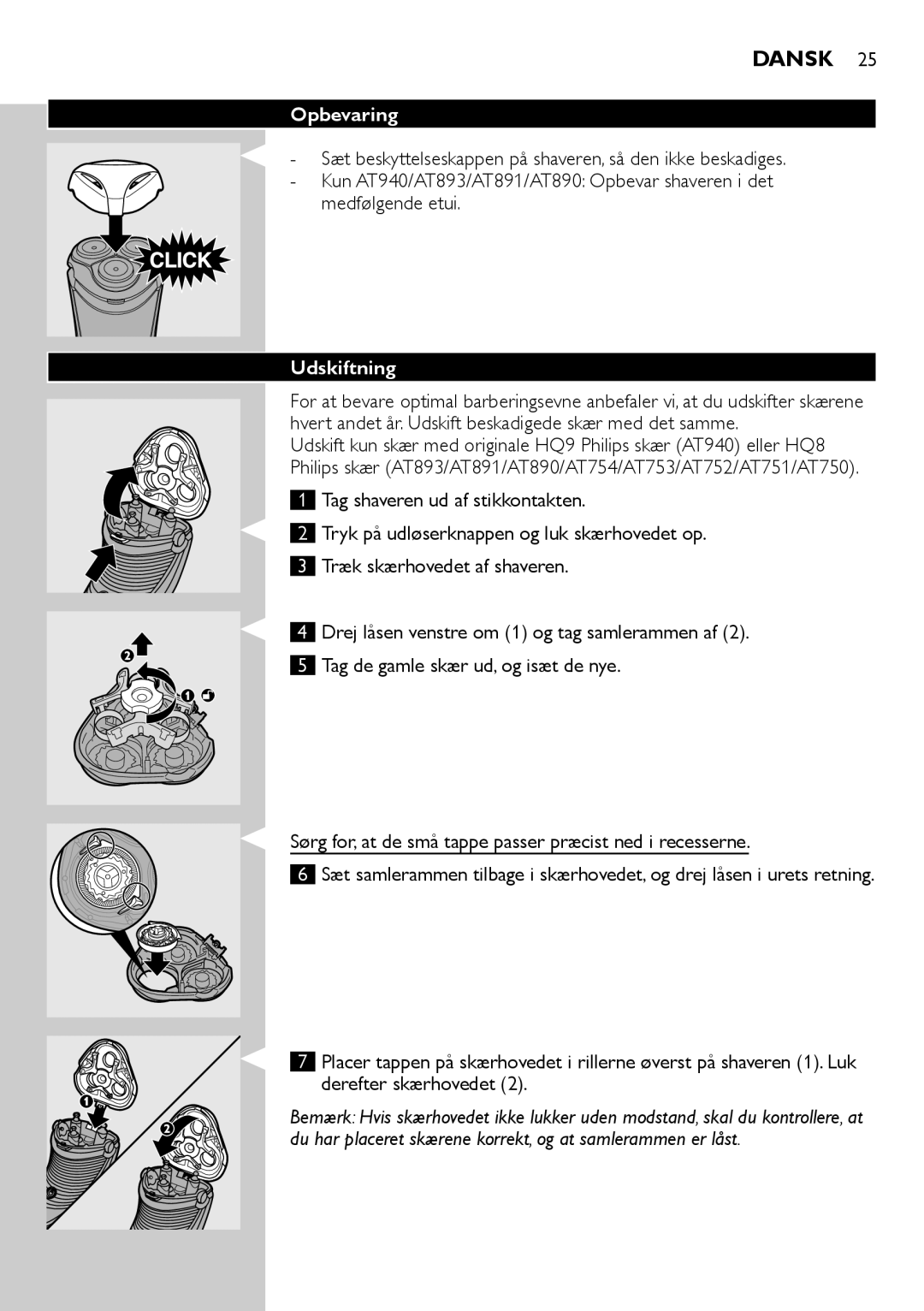 Philips AT800, AT751, AT754, AT700 manual Opbevaring, Medfølgende etui, Udskiftning 